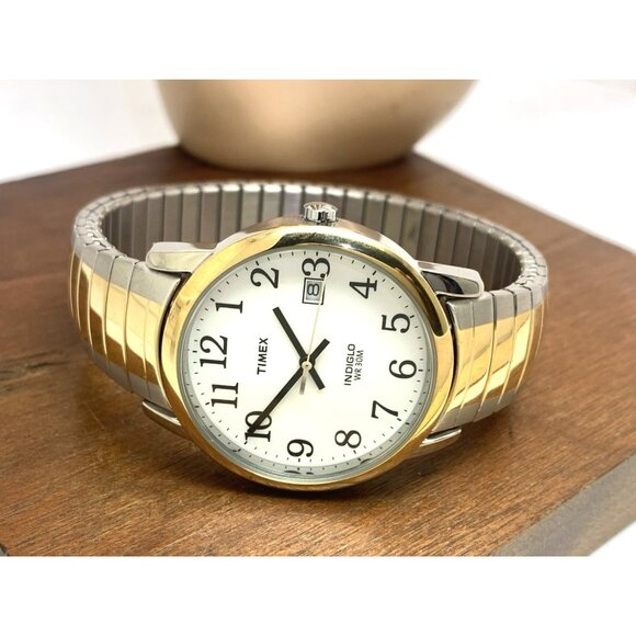 Timex Men's Watch T2H311 Indiglo White Dial Quartz Two Tone Expansion Band 35mm - Picture 8 of 13